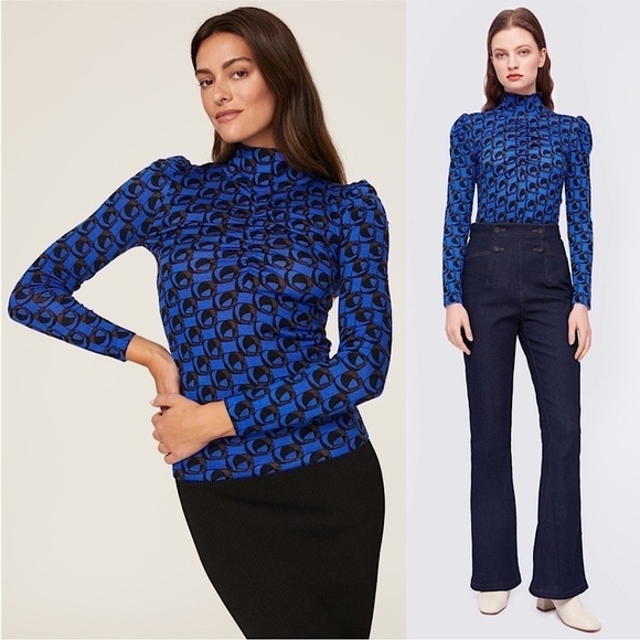 DVF Merino Wool Mod 60s Geo Print Puff Long Sleeve Ruched Turtleneck Sweater M - Picture 1 of 14